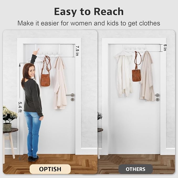 Optish Door Hooks for Hanging, Over The Door Towel Racks for Bathroom, Coat Rack Door Towel Hanger Towel Hooks (2Pack, White, Fit 1-3/4" Doors)