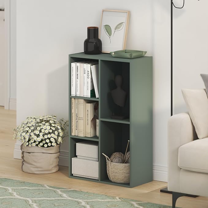 Furinno LUDER Book Shelf, 5-Cube Bookshelf, Reversible Bookcase, 9.4 x 19.5 x 31.5, Easy Assembly, for Living Room, Bedroom, Home Office, Sage Green