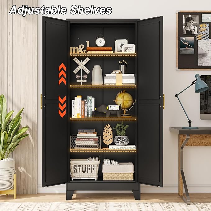 winiowa Metal Pantry Cabinet with 2 Doors and Adjustable Shelves - 71" Kitchen Storage Cabinet with Gold Handles - Versatile Storage for Kitchen, Bathroom, Dining Room, Utility Room - Black