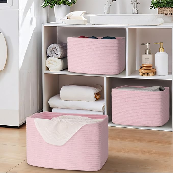 Baskets for Organizing,Storage Baskets,3 Pack Baskets for Shelfves,15"×10"×9" Woven Pink Basket,toy storage bins,bins for organization