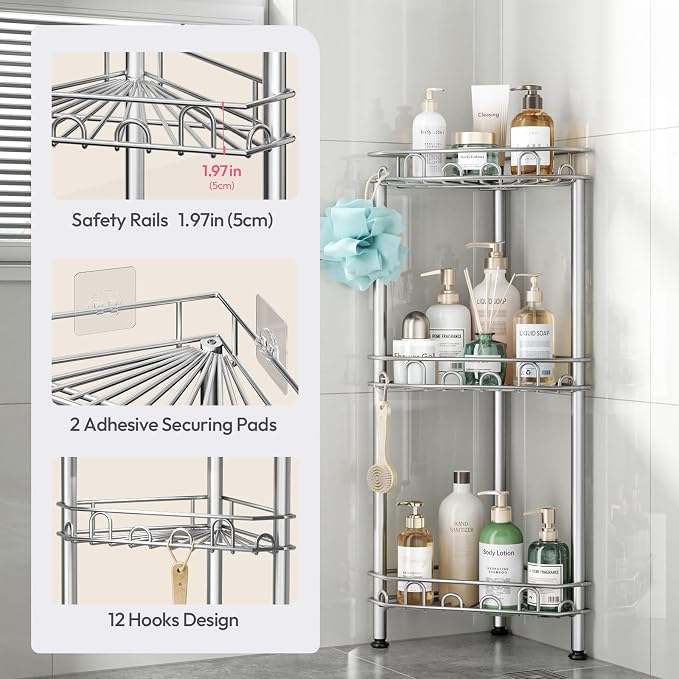SWTYMIKI Standing Shower Caddy Corner - 3‑Tier Stainless Steel Shower Organizer Shelf with 12 Hooks and Adhesive Pads, Rustproof Corner Shelves Stand Rack for Bathroom Shower Room, Silver