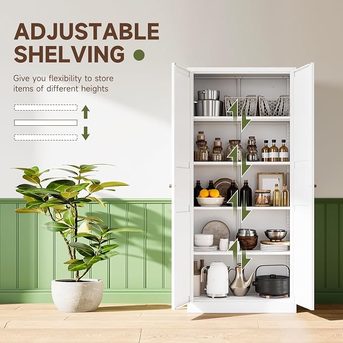Letaya White Storage Cabinet with Adjustable Shelves-Metal Home Kitchen Pantry Cabinets with Doors,Organization Locker for Cupboard/Bedroom/Dining/Living/Bathroom/Office/Garage Room