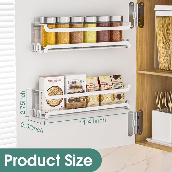 LUCYCAZ 4 Pack Wall Mounted Spice Rack for Kitchen Cabinet,RV,Camper,White | 16 Metal Hooks, Space-Saving,Screw or Adhesive Spice Shelf Hanging,for Pantry Door Spice Jars & Seasonings,11.41×2.75×2.36in
