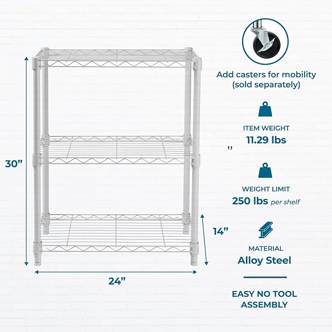 Honey-Can-Do 3-Tier White Wire Shelf, NSF, 250 lb/Shelf, 14x24x30 in | 750 lb total; NSF-certified steel; adjustable rust-resistant shelves for closet, kitchen & garage; no tools needed