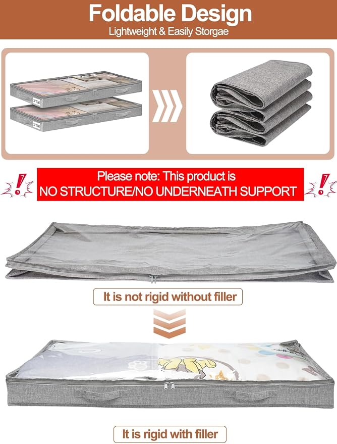 punemi Low-Profile Under Bed Storage Containers, 20 x 40 x 3 in, 4 Pack | No Rigid Structure, Soft Cloth Construction, Foldable, Zippered, for Blanket Storage, Under Crib, Couch, Sofa & Dorm Bed