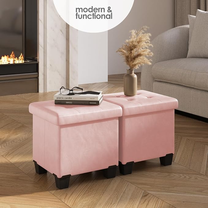 Storage Ottoman Cube with Small Bin, 15-in Square Ottoman with Storage for Living Room and Bedroom, Small Ottomans Foot Rest, Leather Foot Stools Ottomans Max 330lbs, Pink