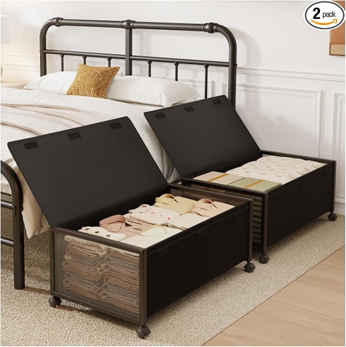 2 Pack Under the Bed Storage Containers,12 inch Height Under Bed Shoe Storage,31inch Long Underbed Storage with Wheels,Large Rolling under bed Clothes Storage Drawers with Lid for Dorm Tall,Black