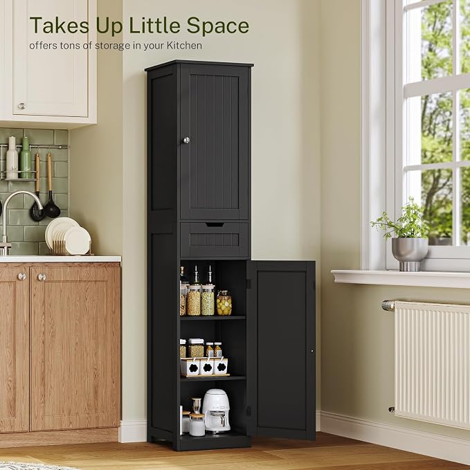 67" H Tall Storage Cabinet with 2 Doors and 1 Drawer, Narrow Black Cabinet with Adjustable Shelves, for Bathroom, Living Room, Entryway, Kitchen, Black