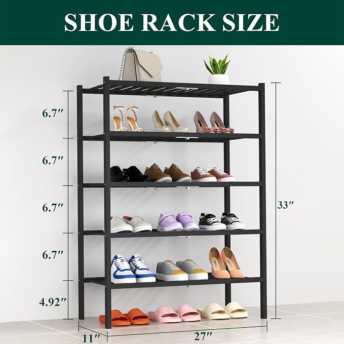 Smiry Bamboo Shoe Rack, 14 Vertical Slats, 5 Tier - 26.8" Wide, Black | Stackable Free Standing Wooden Shoe Organizer, Wood Shoe Storage Shelf for Closet, Entryway, Thicher Leg