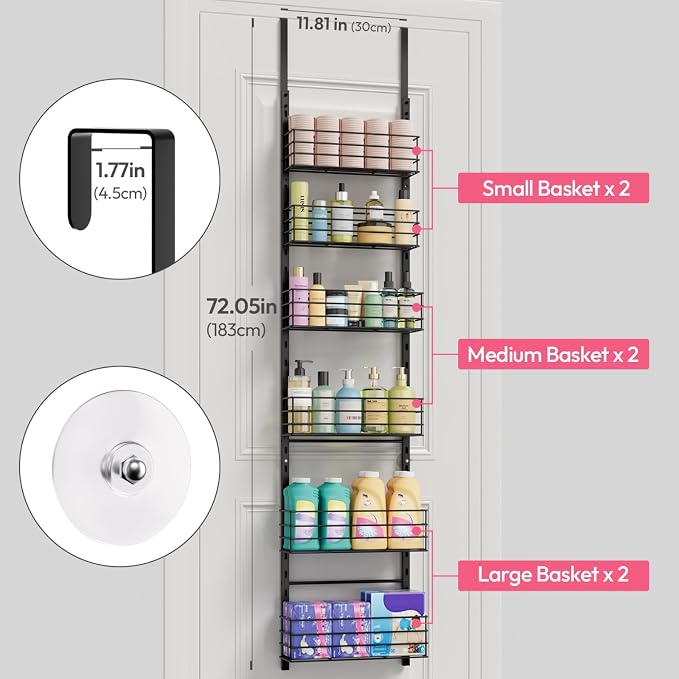 SWTYMIKI Over The Door Organizer - Door Organizer Hanging with 6 Adjustable Metal Large Capacity Basket, Wall Mounted Shelf for Bedroom Closet Bathroom Laundry Pantry Cabinet Kitchen(Black)