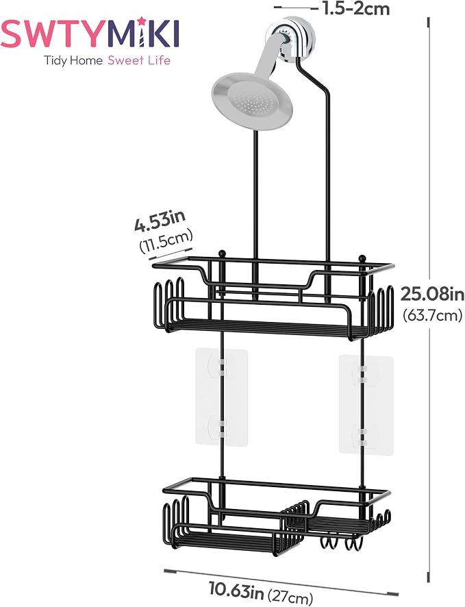 SWTYMIKI Bathroom Shower Caddy Hanging - Extended Length 2 Tier Rustproof Over Shower Head Organizer, No Drilling Bathroom Shelf with 14 Hooks & Soap Holder, Anti-Swing Rack, Black, Medium