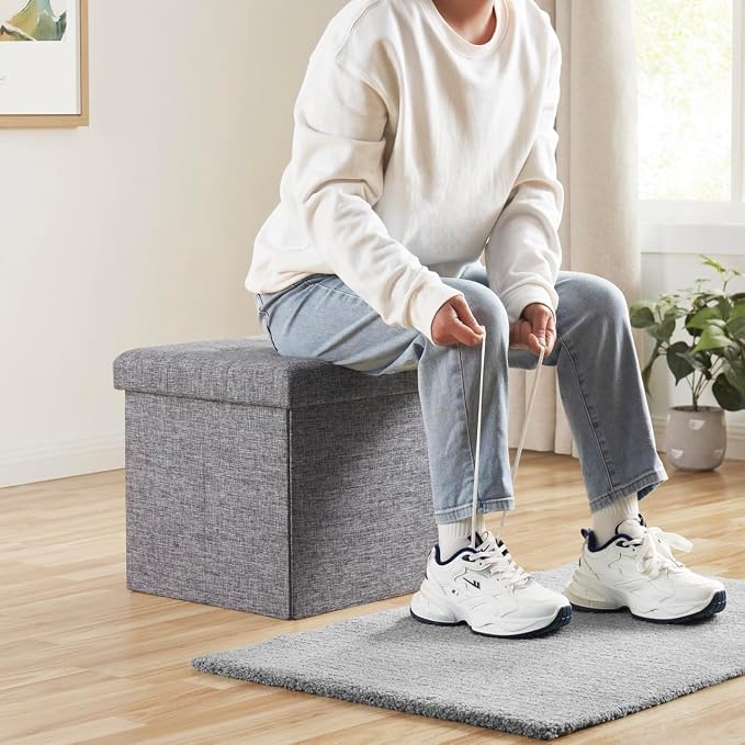 Ornavo Home 15 Inch Folding Storage Ottoman Cube, Tufted Linen, Gray | Upholstered Cube with Lid; Foot Rest Stool; Ideal for Bedroom, Living Room or Entryway
