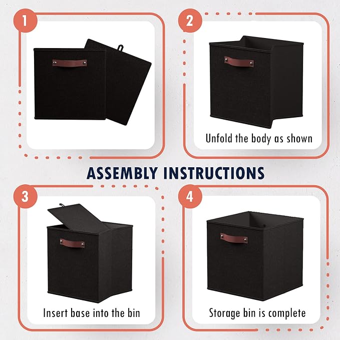 Ornavo Home 11x11 Foldable Fabric Storage Cube Bins, 6 Pack, Black | Collapsible Linen Shelf Basket Organizer; Leather Handles; Ideal Cube Storage For Closet
