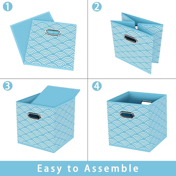 Fabric storage bins Cubes, Fabric Cube Organizer with Handle, Foldable Cube Bins for Cloth or Accessary Storage, 11x11x11, Set of 3, (Blue clouds)
