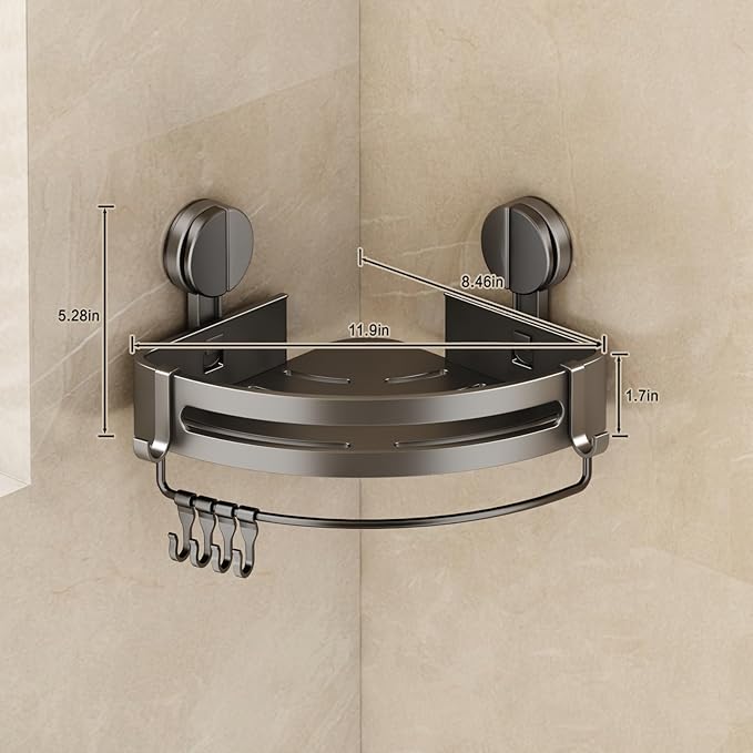 Corner Shower Caddy Suction Cup, 2 Pack Shower Shelves No Drilling, Showers Organizer Storage with Towel Bar & Removable Hooks, Bathroom Shower Shelf Rack for Inside Showers