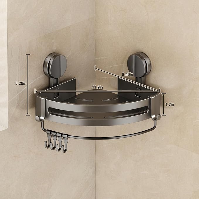 Corner Shower Caddy Suction Cup, 1 Pack Shower Shelves No Drilling, Showers Organizer Storage with Towel Bar & Removable Hooks, Bathroom Shower Shelf Rack for Inside Showers