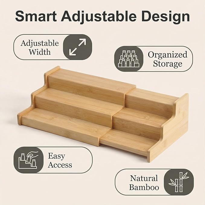 JinDoWin Spice Rack Organizer for Cabinets,Countertop & Pantries,2 Pack | Expandable design, 3-Tier stepped bamboo spice shelf, seasoning organizer, pantry organizers and storage