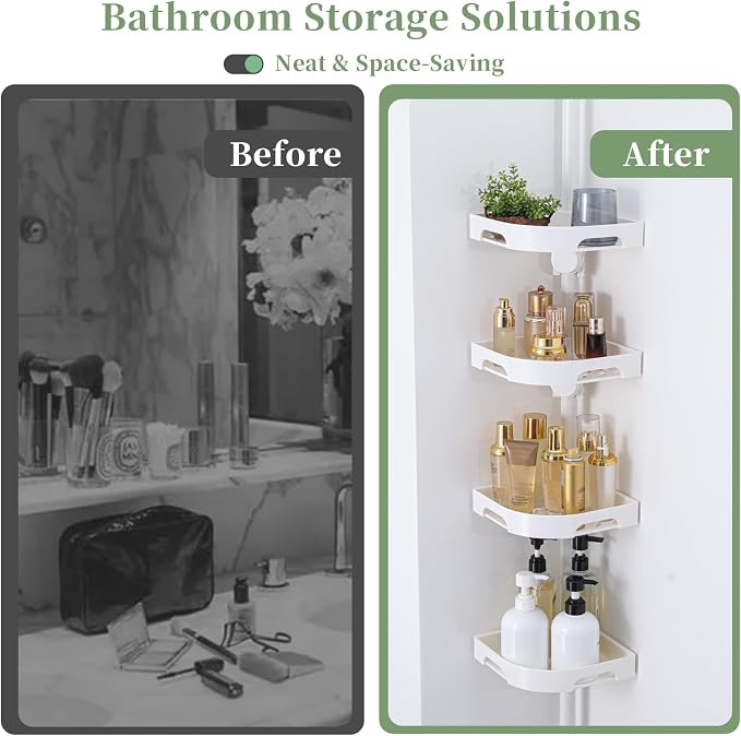 akinbas Tension Pole Shower Caddy Organizer with 4 Tier L-Shaped Rust Resistant Bathroom Corner Shelves with 34-124 Inch Adjustable No Drilling Quick Install Shower Rack for Bath Essentials (White)