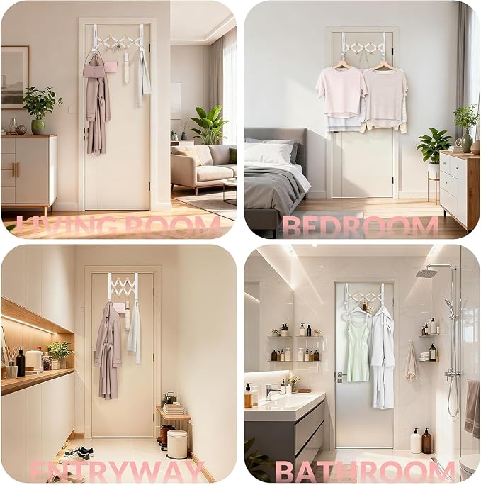 Over The Door Hooks with 7 Wood Hooks, Foldable Collapsible Clothes Drying Rack & Towel Hanger, Space-Saving Door Organizer for Laundry, Coat, Bedroom, Dorm and Bathroom