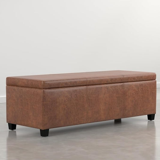 SIMPLIHOME Avalon Storage Ottoman Bench - 48" Wide x 16" High Upholstered Vegan Leather Rectangular Lift-Top Ottoman in Distressed Pecan Brown, Contemporary Storage Bench with High-Density Foam