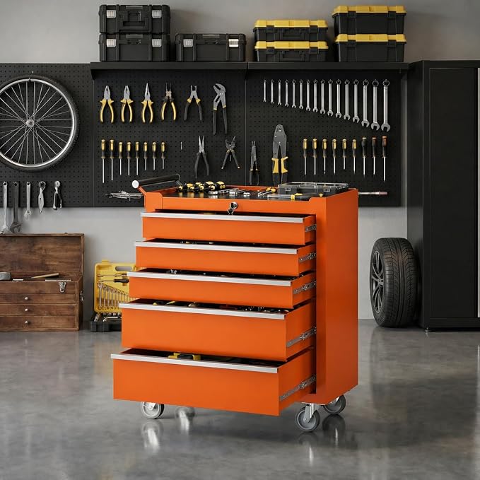 Garvee Rolling Tool Chest, 5 Drawers Tool Storage Cabinet, Toolbox with Wheels, Portable Tool Cabinet Organizer with Locking System & Drawer Liners, Tool Storage Cart for Garage, Workshop, Orange