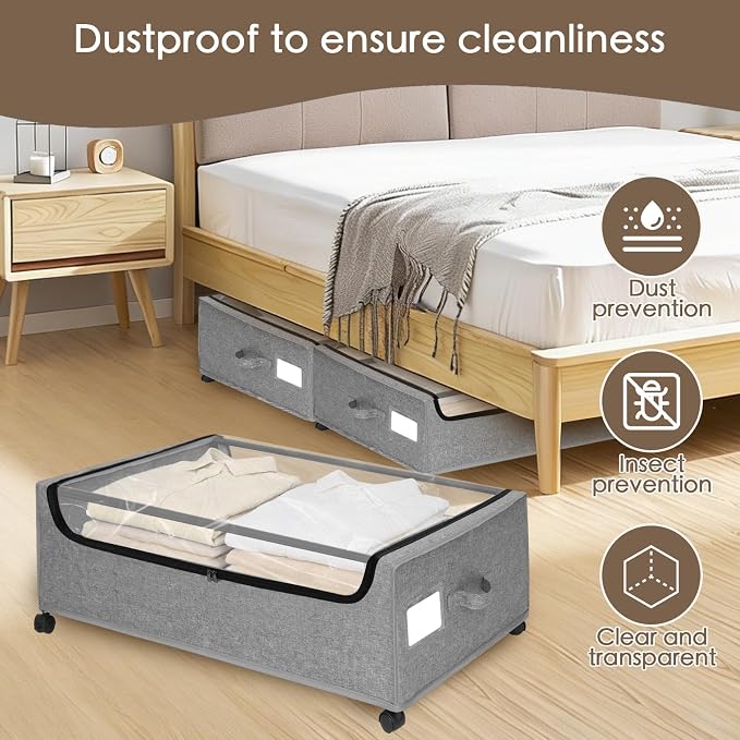 Under Bed Storage with Wheels, 2-Pack Under the Bed Storage Containers with Clear Lids & Label, Underbed Storage Bins, XXXL 85L 11 inches Rolling Metal Drawer for Clothes, Shoes, Toys, Books - Gray