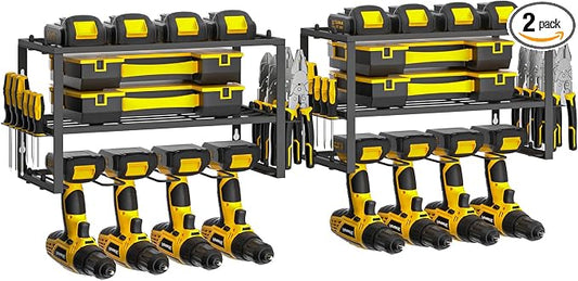 SPACECARE Power Tool Organizer- 2 Pack 3 Layers Rack for 8 Drill Holders | Heavy Duty Tool Shelf Durable Wall Mount Tool Storage Rack for Work Shop, Garage Organization, 150Lbs Load Capacity, Black