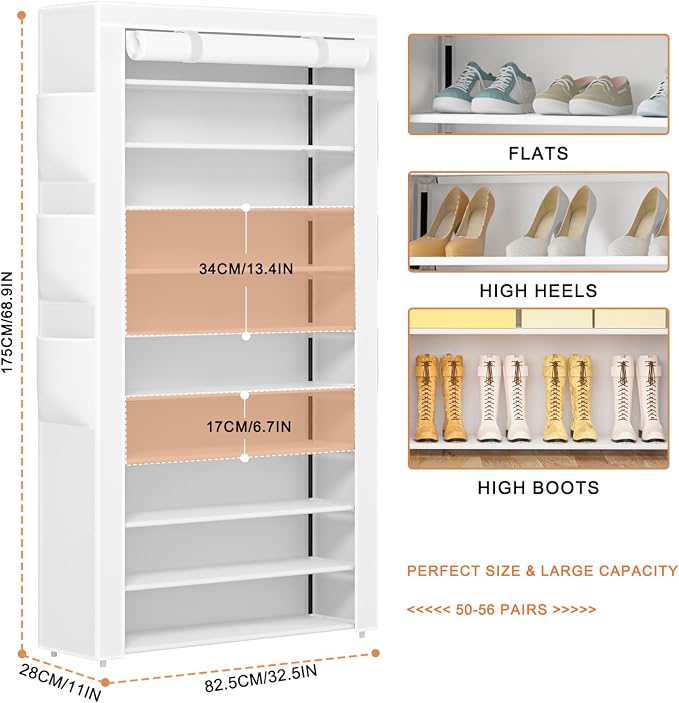 OYREL Shoe Rack 10 Tier Large Capacity Storage Cabinet | 50-56Pairs Beautiful Tall Shoe Shelf Free Standing Storage Cabinet Entryway Closet