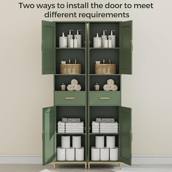 Homhedy 67" H Bathroom Storage Cabinet, Tall Bathroom Cabinet, Green | Narrow Cabinet with Doors and Drawer, Adjustable Shelves, Floor Cabinet for Bathroom, Living Room, Kitchen, Dining Room