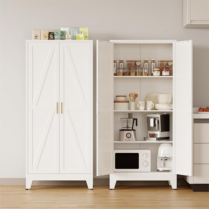 COFaR 61'' Tall Metal Storage Cabinet, Farmhouse Kitchen Pantry Cabinet with Doors and 3 Adjustable Shelves, White Metal Cabinets for Kitchen, Bathroom, Laundry, Garage, 4-Tier