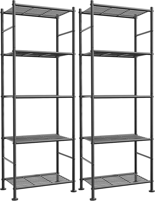 Sakugi Storage Shelves - Set of 2, 5-Tier Metal Shelf Organizer, Space-Saving Garage Shelving with Leveling Feet, Standing Shelves Organizer for Kitchen, Laundry, Pantry (18.4" x 12.6" x 57.4", Black)