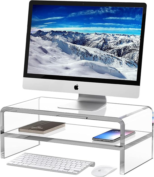Egchi Acrylic Monitor Stand Riser, 2 Tier Clear Computer Monitor Stand for Home Office Business, PC Desk Stand Monitor Riser for Keyboard Storage, Laptop, Printer and TV Screen -12x7.2x5.12 inches | Desk Stand Monitor Riser, for Home Office Business, K...