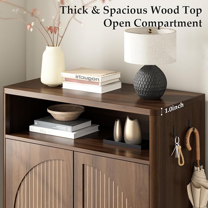 Fluted Shoe Storage Cabinet with 2 Arch Doors, 43" Tall Wood Cabinet | 6-Tier Large Shoe Rack w/Adjustable Shelves, Mid Century Modern Hidden Shoes Organizer for Hallway, Entryway, Fits Size 13