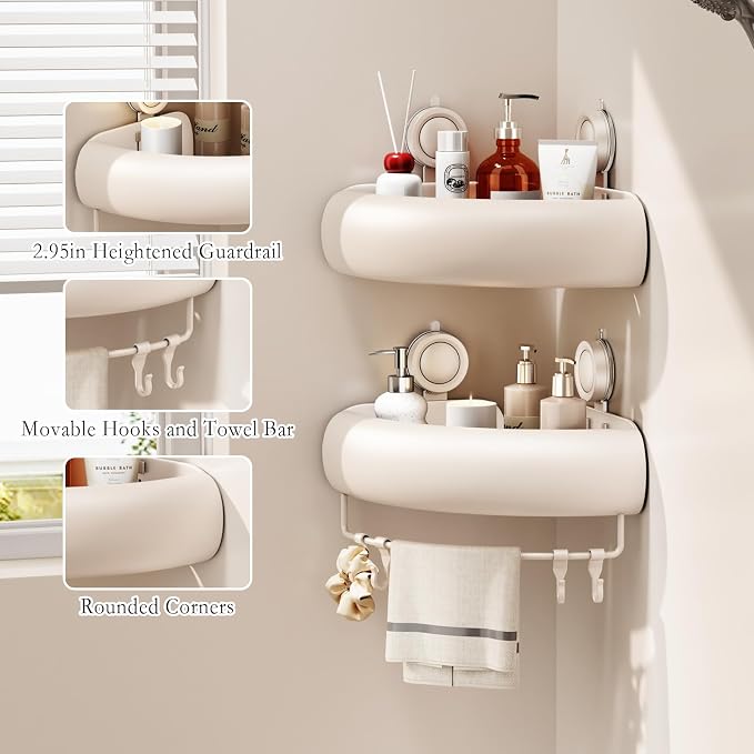 CICUFY Shower Caddy Suction Cup, 2 Pack No Drilling Corner Shower Shelves, Rust Proof Bathroom Storage Organizer, Shower Corner Caddy with Removable Hooks and Towel Bar, Triangle, Cream