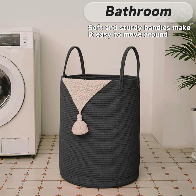 JMvicyroam 100L Cotton Rope Laundry Basket Hamper, Black | Collapsible laundry basket, reinforced handles, freestanding, machine washable, holds 3-5 thick blankets, clothes or toys