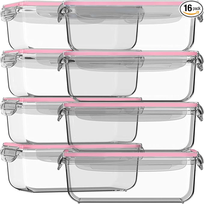 Razab 16 Pc (Set of 8) 30 Oz Glass Meal Prep Containers with Lids, Airtight Large Glass Food Storage Containers, Reusable Leak Proof BPA Free, Freezer to Oven and Dishwasher Safe