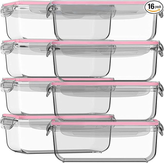 Razab 16 Pc (Set of 8) 30 Oz Glass Meal Prep Containers with Lids, Airtight Large Glass Food Storage Containers, Reusable Leak Proof BPA Free, Freezer to Oven and Dishwasher Safe