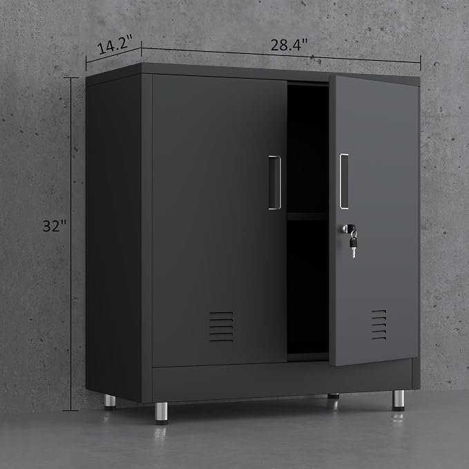 JINGUR Metal Storage Cabinet with Locking Doors and Adjustable Shelf, Small Lockable Sideboard Buffet Cabinet for Home Office Hallway Entryway Living Dining Room (Black)