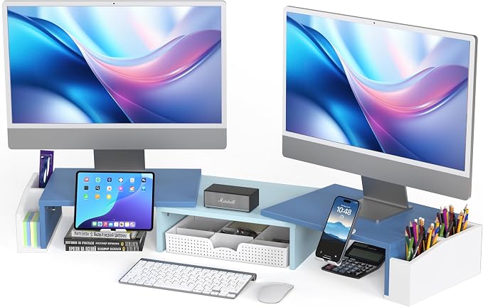 Simple Houseware Desk Dual Monitor Stand Riser with Drawer, Blue | Customizable Organizer Tray, Built-In Phone & Tablet Slot and Side Storage