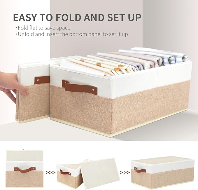 Closet Organizer Bins 3 Pack, Large Storage Bins for Shelves | Foldable Closet Storage Boxes Baskets with Leather Handles for Organizing Clothes, Sheets, Jeans, Toys, Books（Begie）