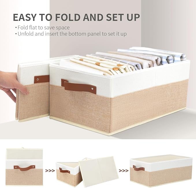 6 Pack Fabric Storage Bins, Large Storage Baskets for Shelves | Foldable Closet Organizer Storage Boxes with Leather Handles for Clothes, Sheets, Jeans, Toys, Books (Beige and White)