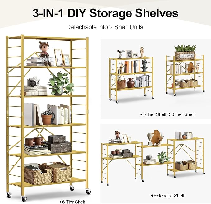 Himix 6-Tier Foldable Storage Shelves Expandable Shelf Wheels Gold 2-in-1