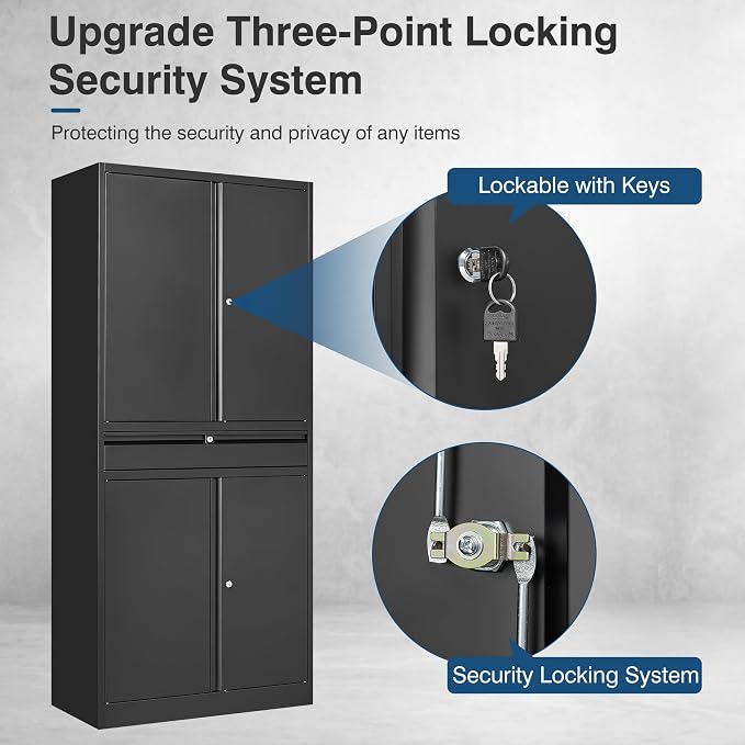 Black Metal Storage Cabinet with Lock, 71" Tall Garage Storage Cabinets with Doors and Shelves, Lockable Tool Caninet Steel Locking Cabnets File Cabinet for Home Office, Garage, Pantry