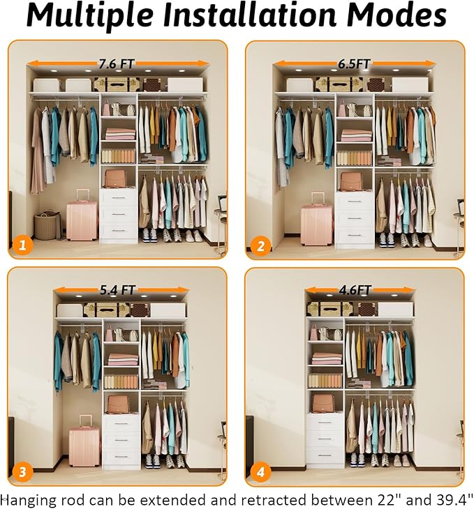 Closet System with Drawers, 5FT-8FT Closet Organizer System with Shelves & Expandable Hanging Rods, Walk in Storage Closet System Wood, White