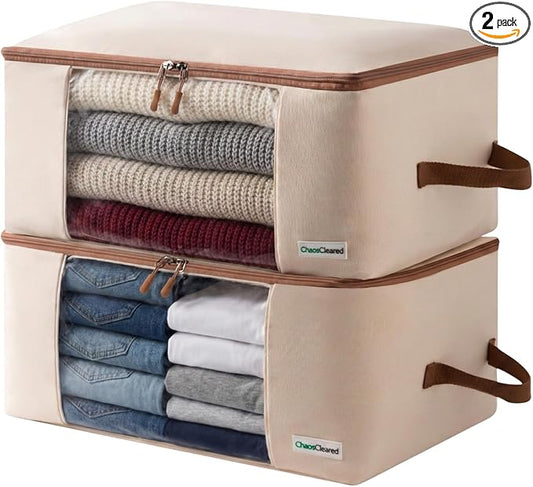 Chaos Cleared Canvas Storage Bags Designer Organizer for Clothing 2 Pack – Clothes Organizers for sweaters, clothing, garment, bedding, quilt, linens, large bag with zip & window, mothproof