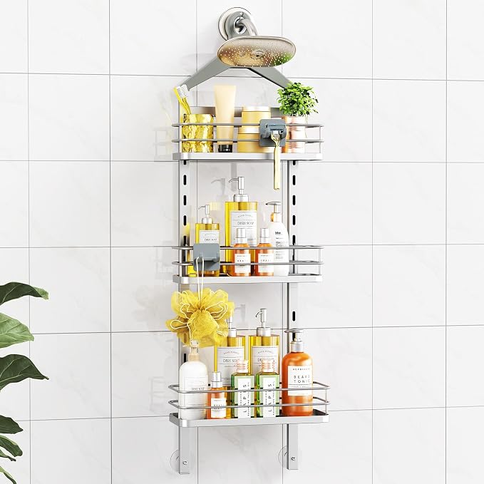 ODesign 3 Tier Adjustable Shower Organizer Hanging Over Head Silver | Shower organizer hanging,no drilling required,comes with removable hook and storage box, suitable for indoor showers