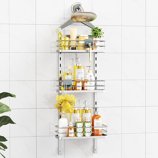 ODesign 3 Tier Adjustable Shower Organizer Hanging Over Head Silver | Shower organizer hanging,no drilling required,comes with removable hook and storage box, suitable for indoor showers