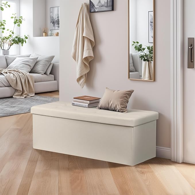 ZenStyle 43Inches Storage Ottoman Bench, Folding Footrest Padded Seat, Storage Chest Long Shoes Bench with Divider, Holds up to 660 lbs, for Living Room, Entryway, Bedroom (Beige, 43 inches)