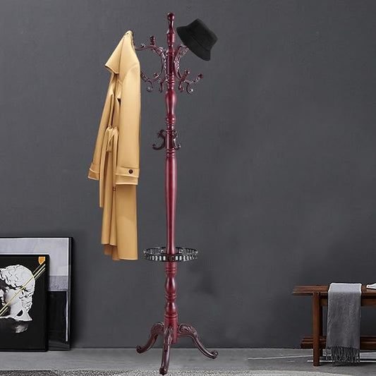 Coat Racks FreeStanding with 14 Hooks, Natural Wood Coat Rack with Solid Round Base, Adjustable Height Coat Racks, Easy Assembly for Hallway, Bedroom and Office (Reddish brown-Tray)