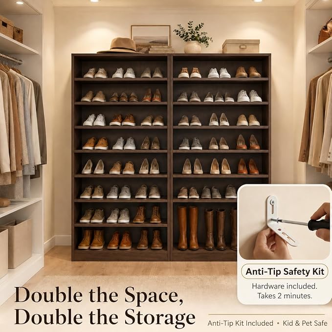 9-Tier Tall Shoe Rack Cabinet for Closet & Entryway, Walnut | Wooden Narrow Shoe Organizer Cabinet with Adjustable Shelves, Freestanding, for Bedroom, Hallway